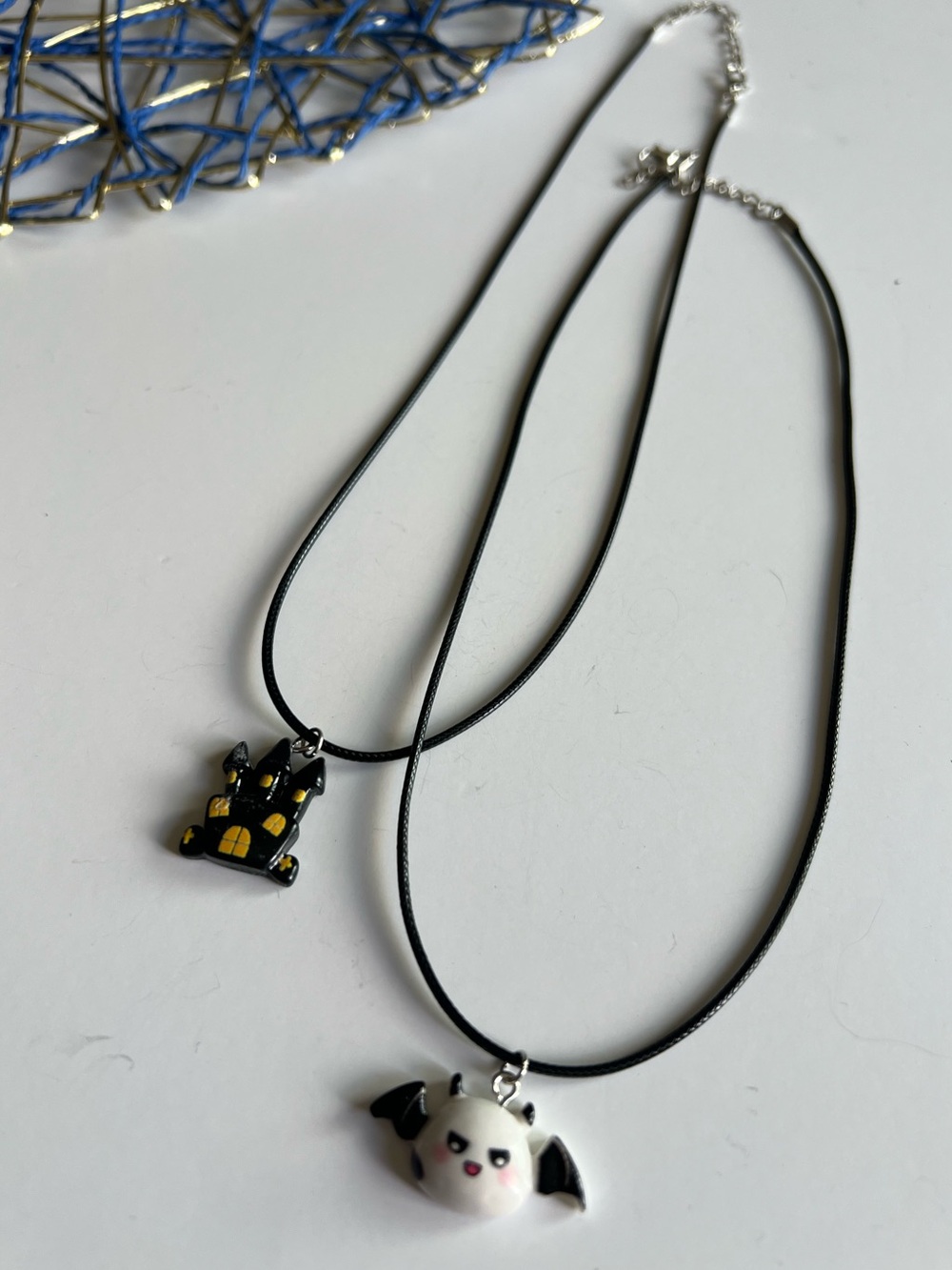 Cute Bat & Castle Necklace Set – Black Cord | Gothic Halloween